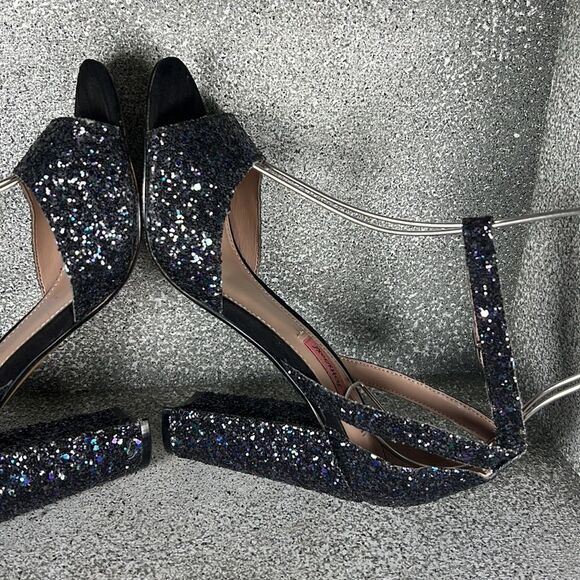 Betsey Johnson Black Rainbow Glitter Glissten Ankle Strap Sandal Block Heels 7.5 - Picture 6 of 10